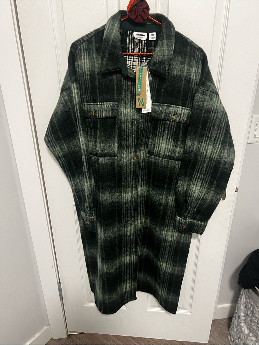 Noisy May Olive Green Plaid Long Shacket